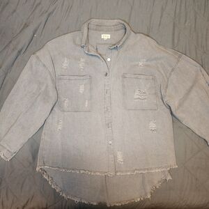 POL Womens Size S Distressed Grey Shaket Oversized Faded Raw Hem Rn 133793 Shirt